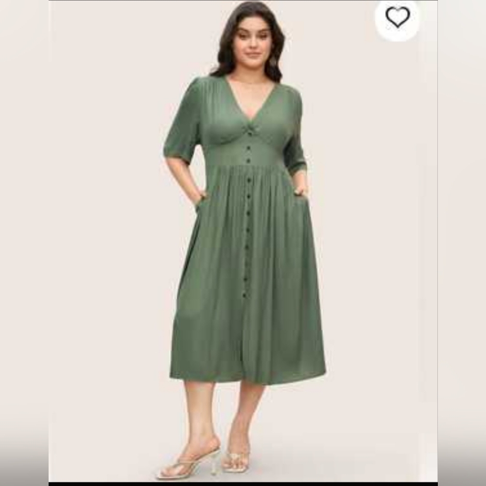 BloomChic Olive V-Neck Button-Front Midi Dress